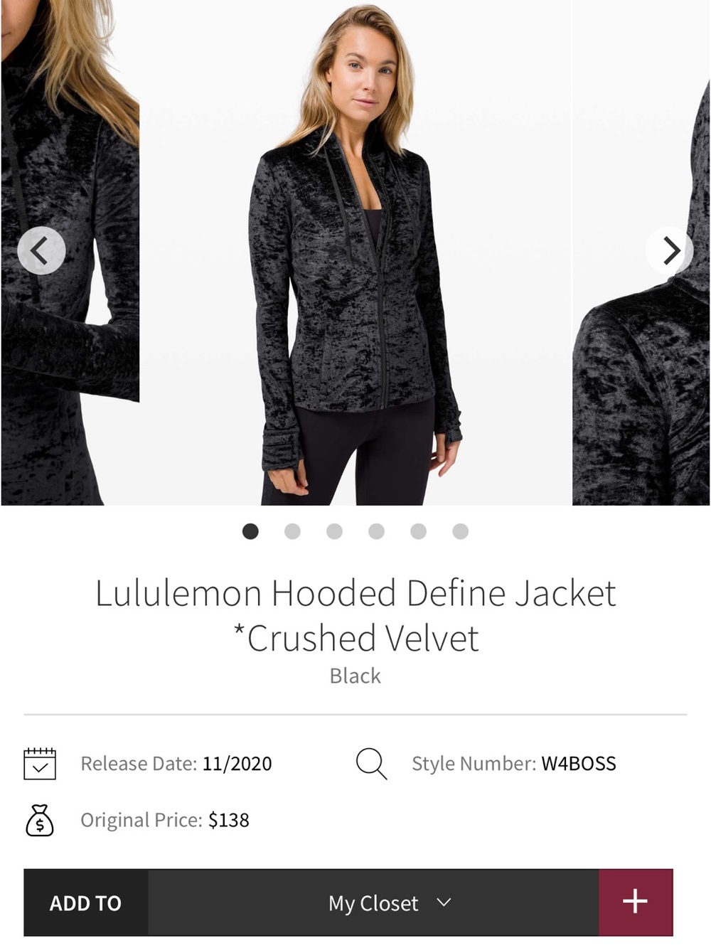 Woman’s size 2 lululemon  Black Crushed Velvet Hooded Jacket
